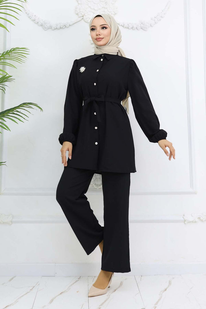 BNG Women İnci Broşlu Kuşaklı İkili Takım Siyah 4768 - Navojoa