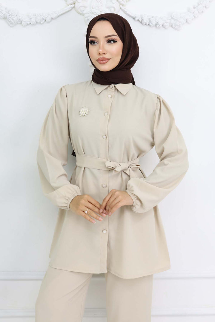 BNG Women Pearl Brooch Belted Two-Piece Set Stone Color 4768 - Ilkeston