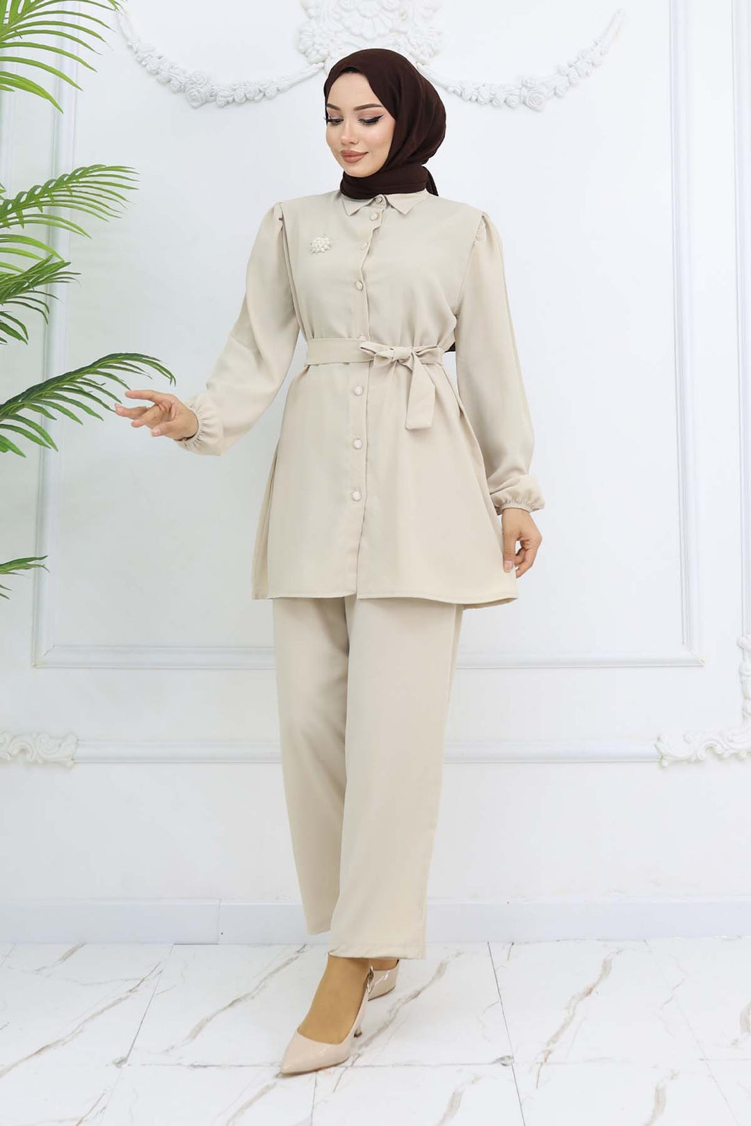 BNG Women Pearl Brooch Belted Two-Piece Set Stone Color 4768 - Ilkeston