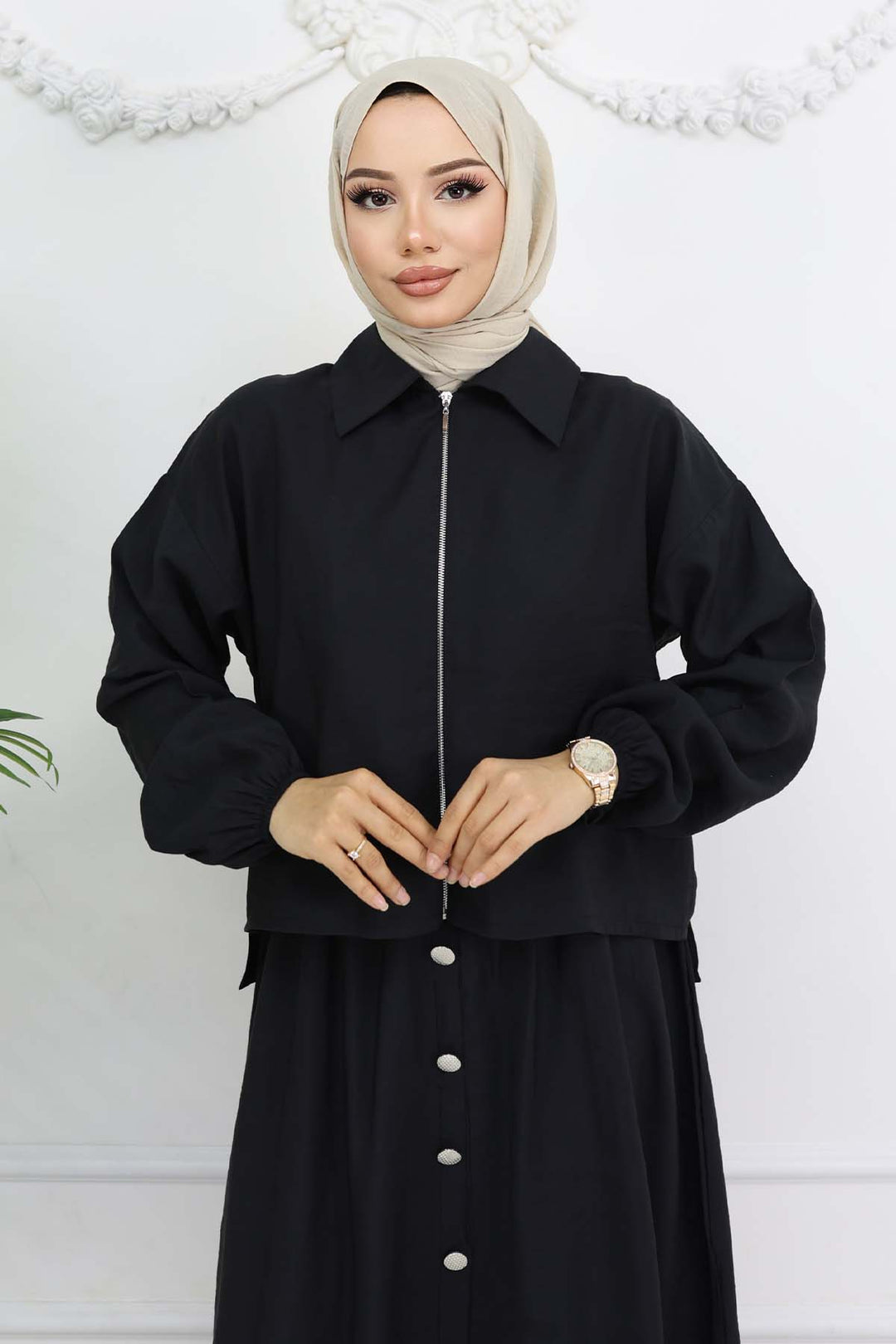 BNG Women Fermuar Ceketli Elbise Takım Siyah 4807 - Genoa