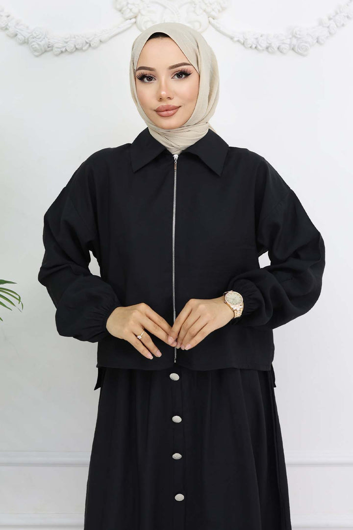 BNG Women Fermuar Ceketli Elbise Takım Siyah 4807 - Genoa