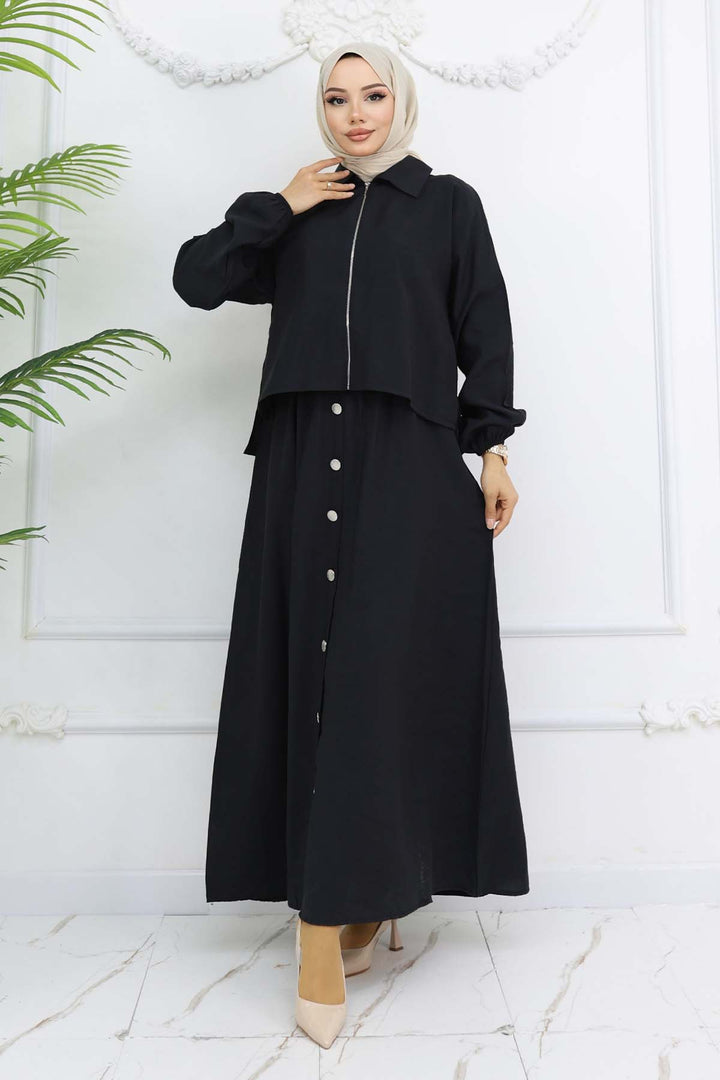 BNG Women Fermuar Ceketli Elbise Takım Siyah 4807 - Genoa