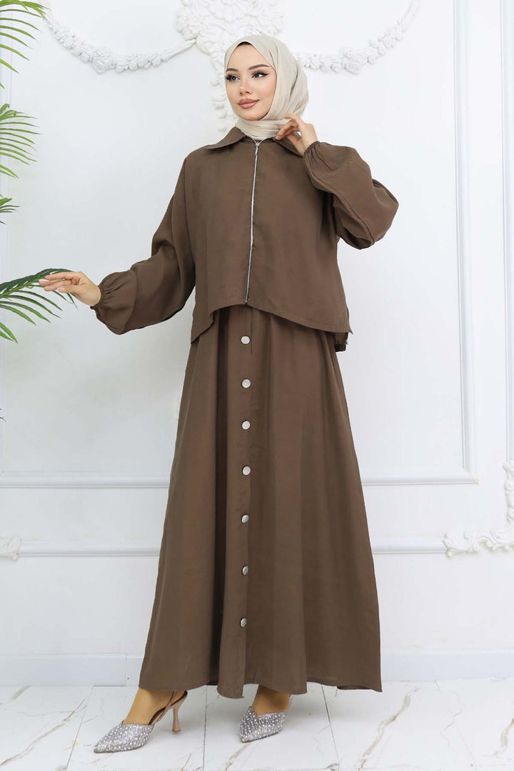 BNG Women Fermuar Ceketli Elbise Takım Vizon 4807 - Viernheim