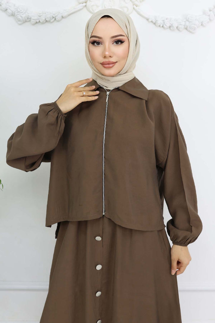 BNG Women Fermuar Ceketli Elbise Takım Vizon 4807 - Viernheim