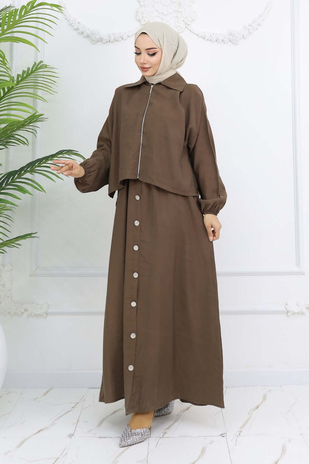 BNG Women Fermuar Ceketli Elbise Takım Vizon 4807 - Viernheim