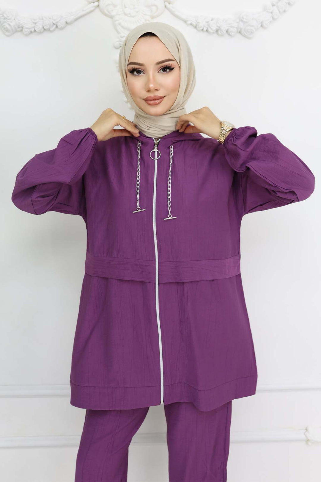 BNG Women Zincir Detaylı Tesettür Takım Mor 4760 - Oosterhout