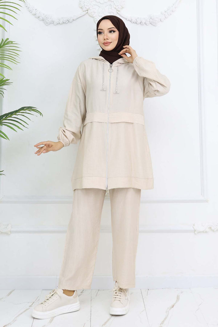 BNG Women Zincir Detaylı Tesettür Takım Taş Rengi 4760 - Mainz