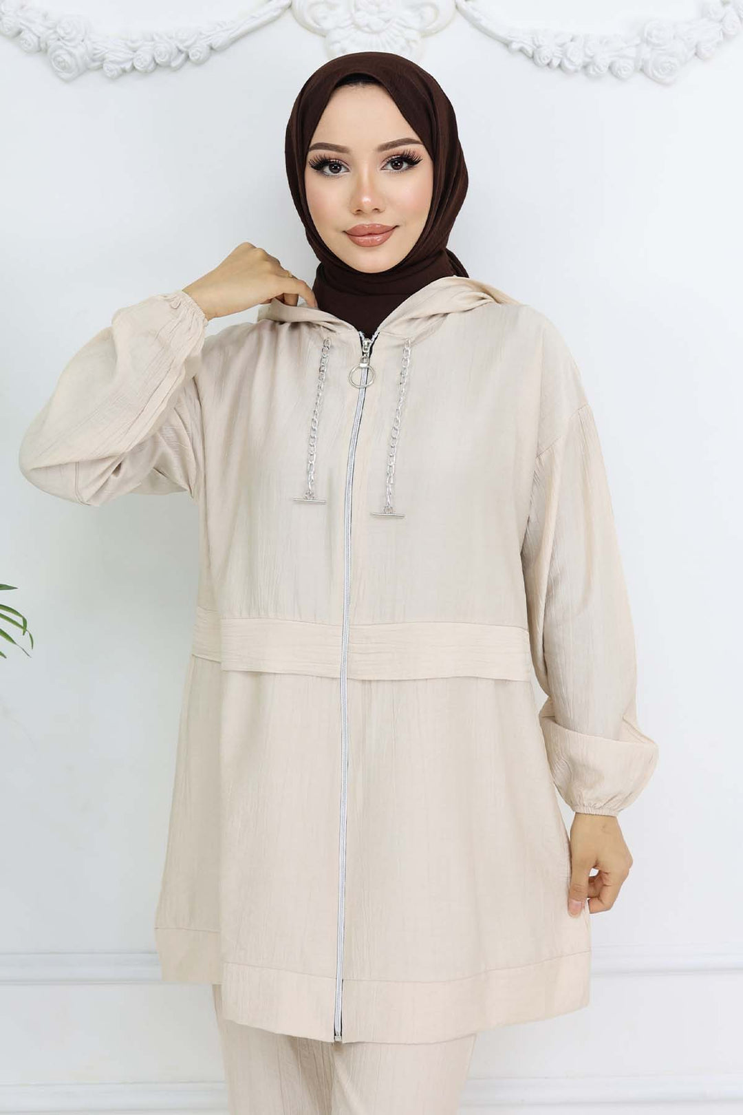 BNG Women Zincir Detaylı Tesettür Takım Taş Rengi 4760 - Mainz