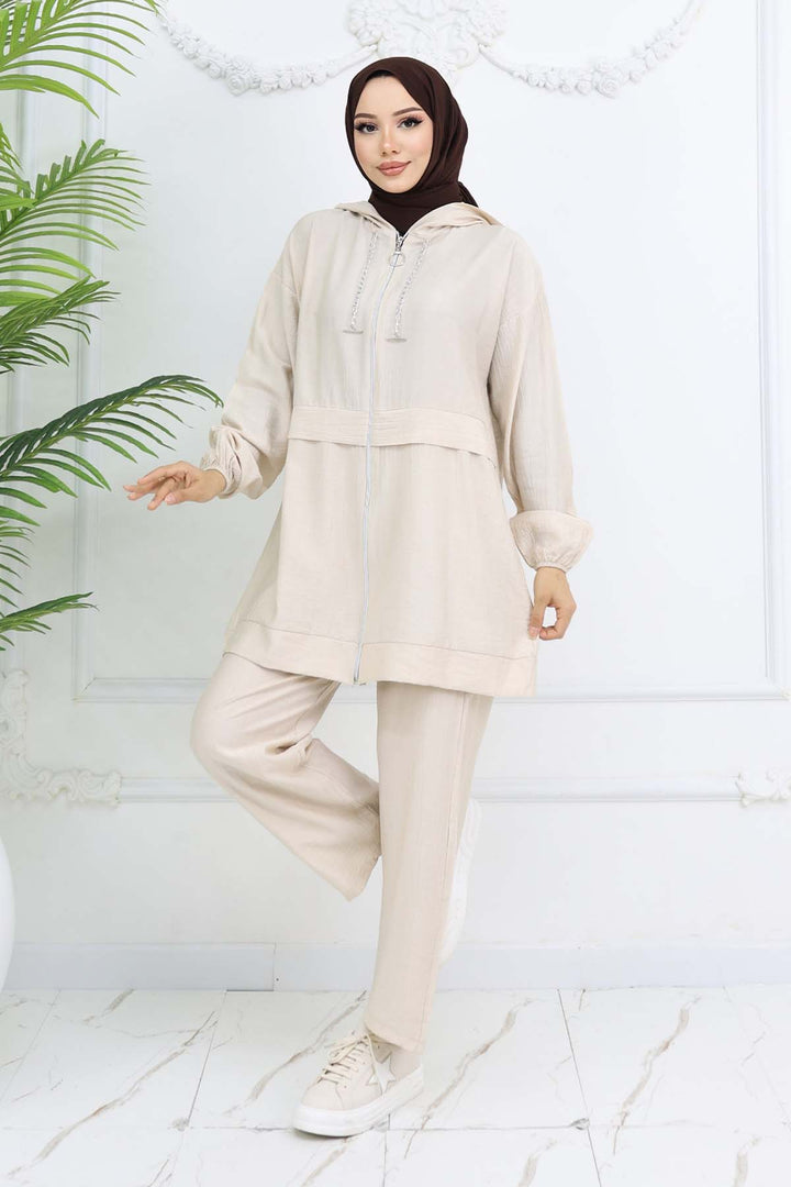 BNG Women Zincir Detaylı Tesettür Takım Taş Rengi 4760 - Mainz