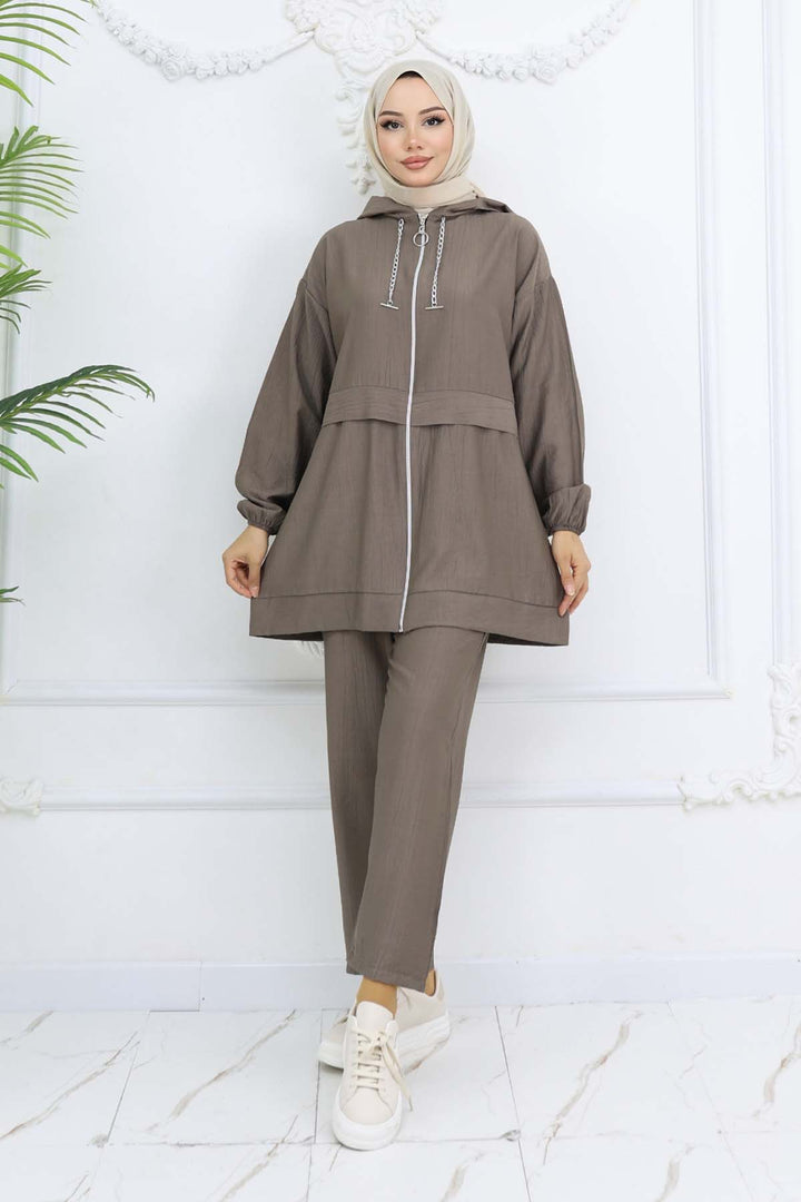 BNG Women Zincir Detaylı Tesettür Takım Vizon 4760 - Germering