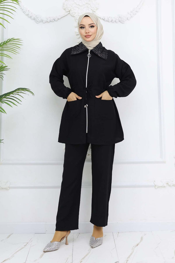 BNG Women Yakası Taş Detaylı Tesettür Takım  Siyah 4727 - Florence