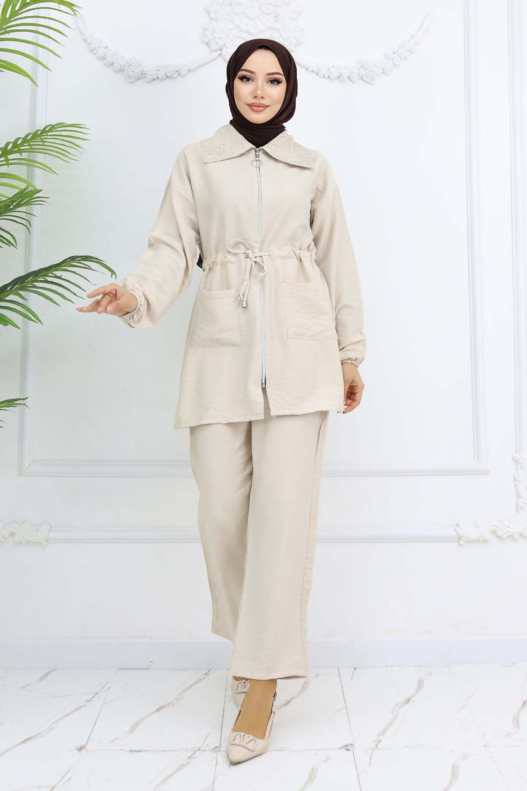 BNG Women Yakası Taş Detaylı Tesettür Takım Taş Rengi 4727 - Sainte-Geneviève-des-Bois