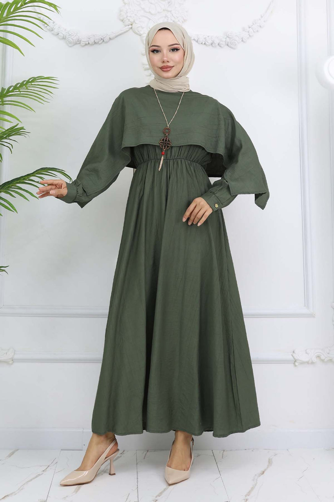 BNG Women Yaka Detaylı Kolyeli Elbise Haki 4809 - Haverstraw