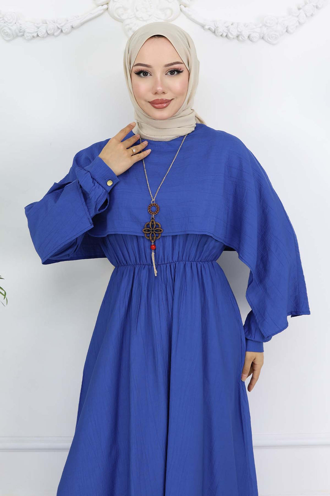 BNG Women Yaka Detaylı Kolyeli Elbise Saks Mavisi 4809 - Ovar