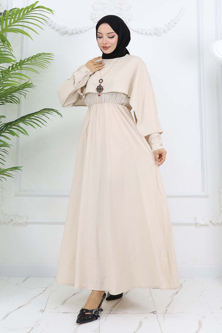 BNG Women Yaka Detaylı Kolyeli Elbise Taş Rengi 4809 - Erie