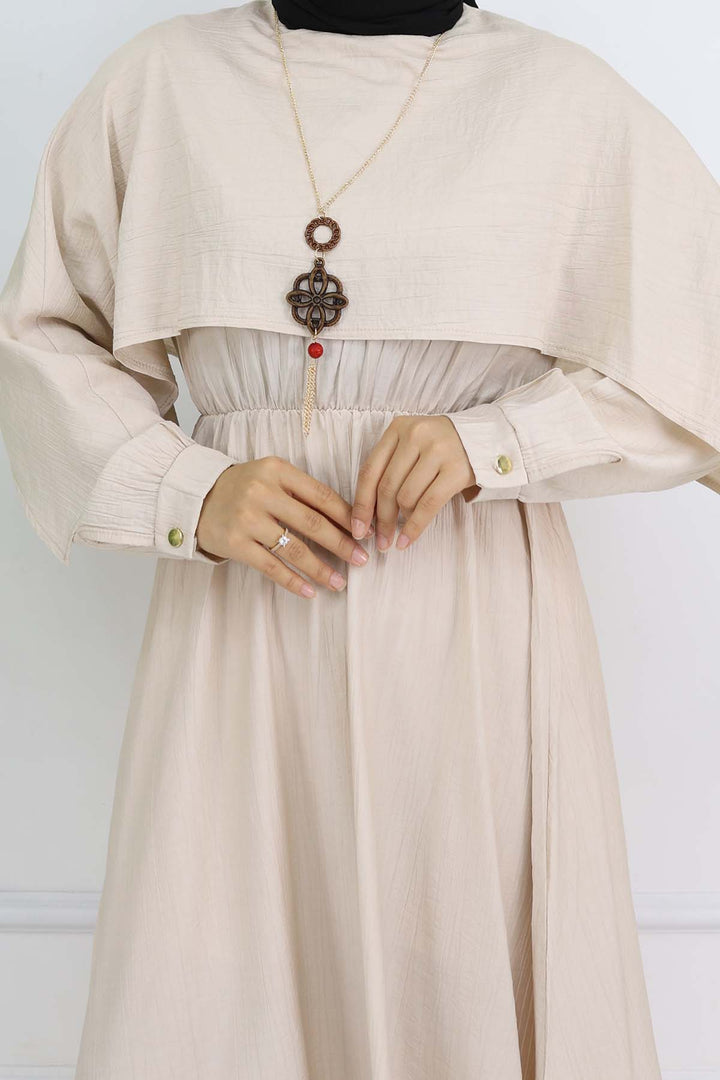 BNG Women Yaka Detaylı Kolyeli Elbise Taş Rengi 4809 - Erie