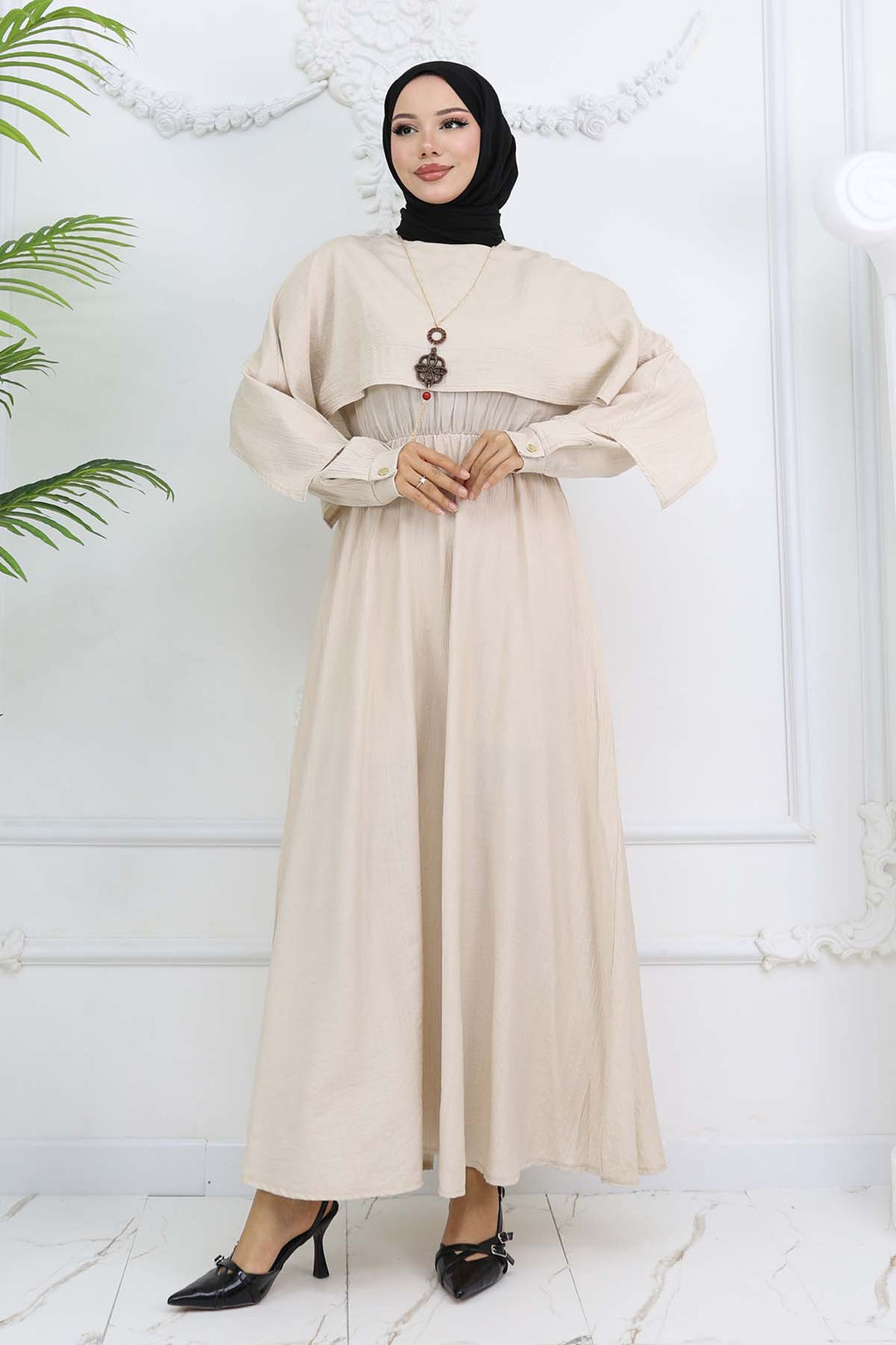 BNG Women Yaka Detaylı Kolyeli Elbise Taş Rengi 4809 - Erie