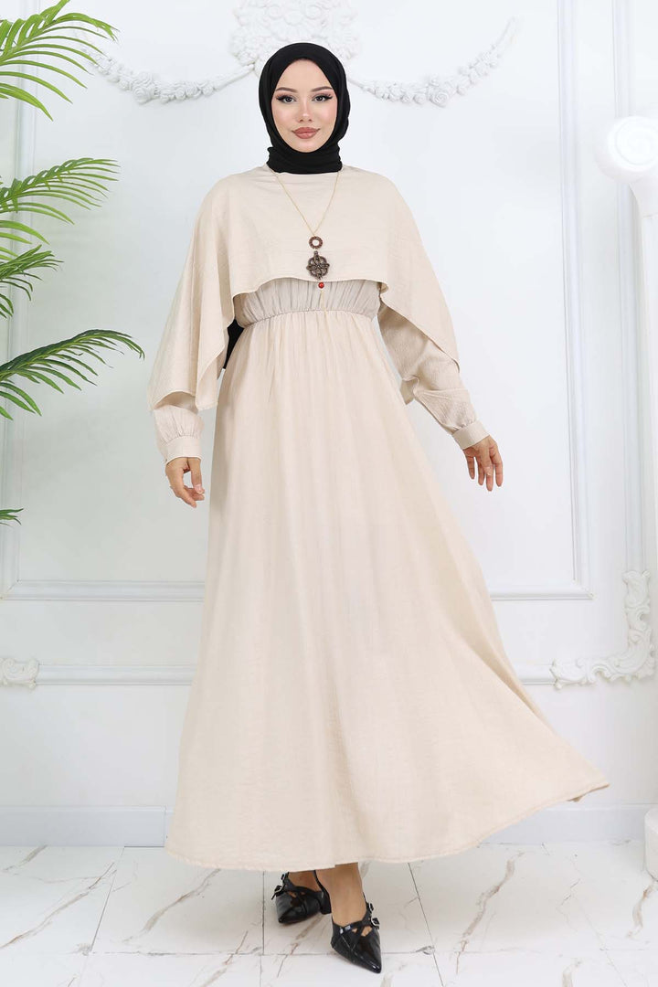 BNG Women Yaka Detaylı Kolyeli Elbise Taş Rengi 4809 - Erie