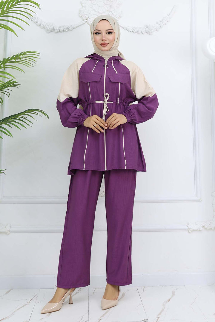BNG Women Striped Belted Set Purple 4737 - Ede