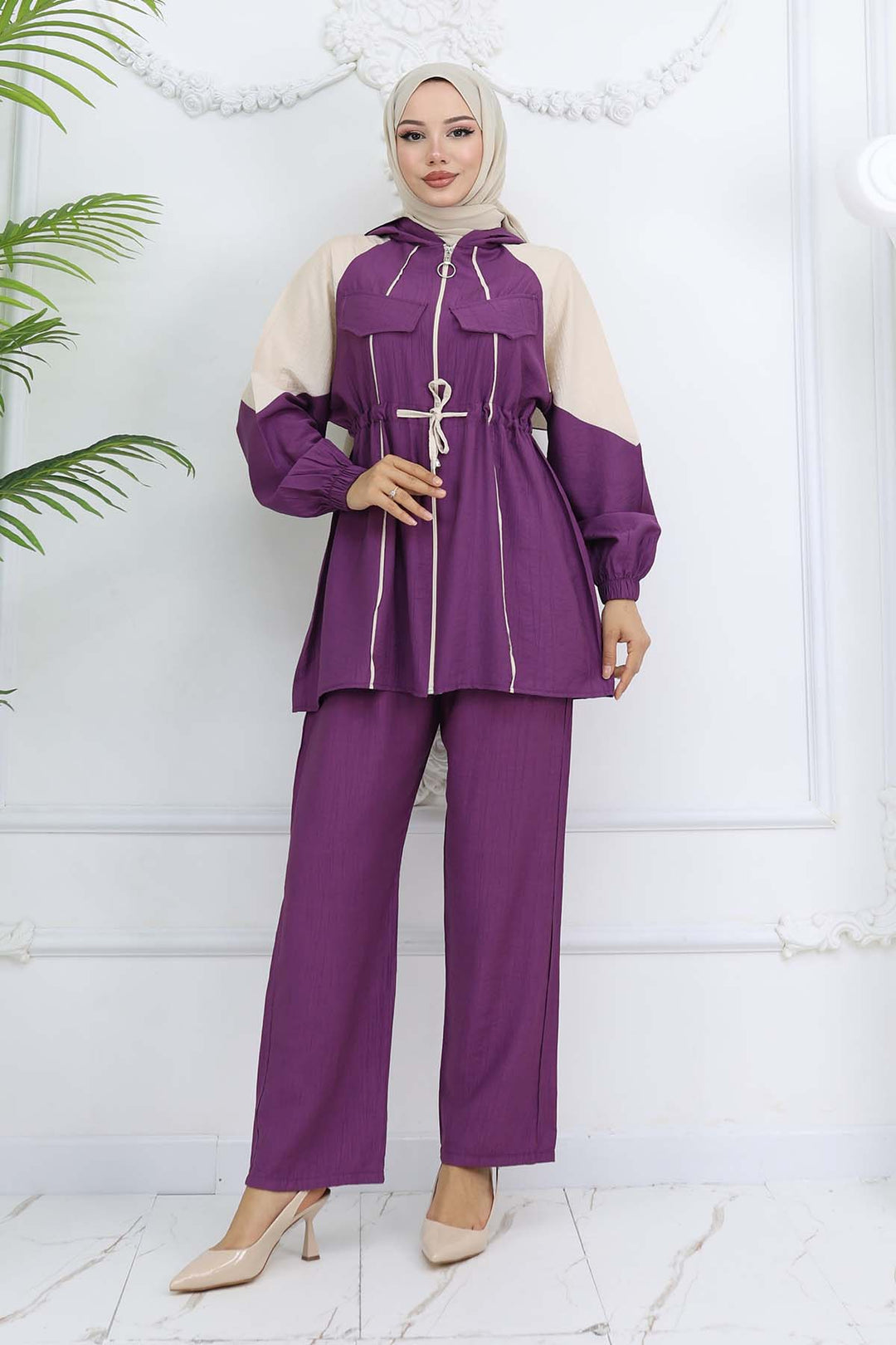 BNG Women Striped Belted Set Purple 4737 - Ede