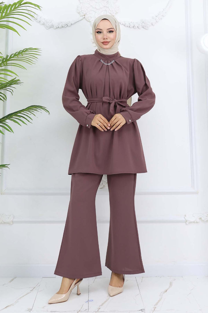 BNG Women Zincir Detaylı Tesettür Takım Gül Kurusu 4767 - Durango