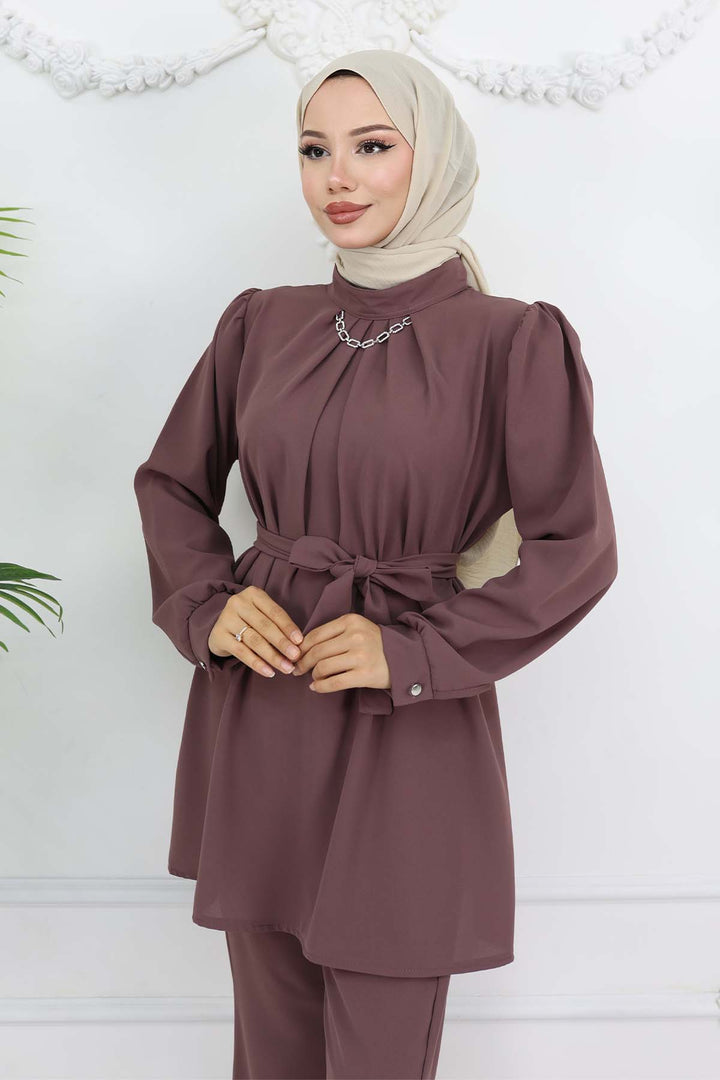 BNG Women Zincir Detaylı Tesettür Takım Gül Kurusu 4767 - Durango