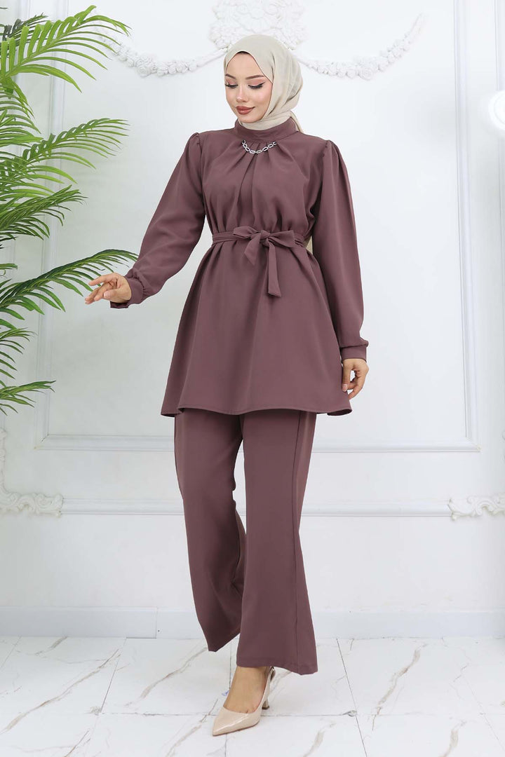 BNG Women Zincir Detaylı Tesettür Takım Gül Kurusu 4767 - Durango