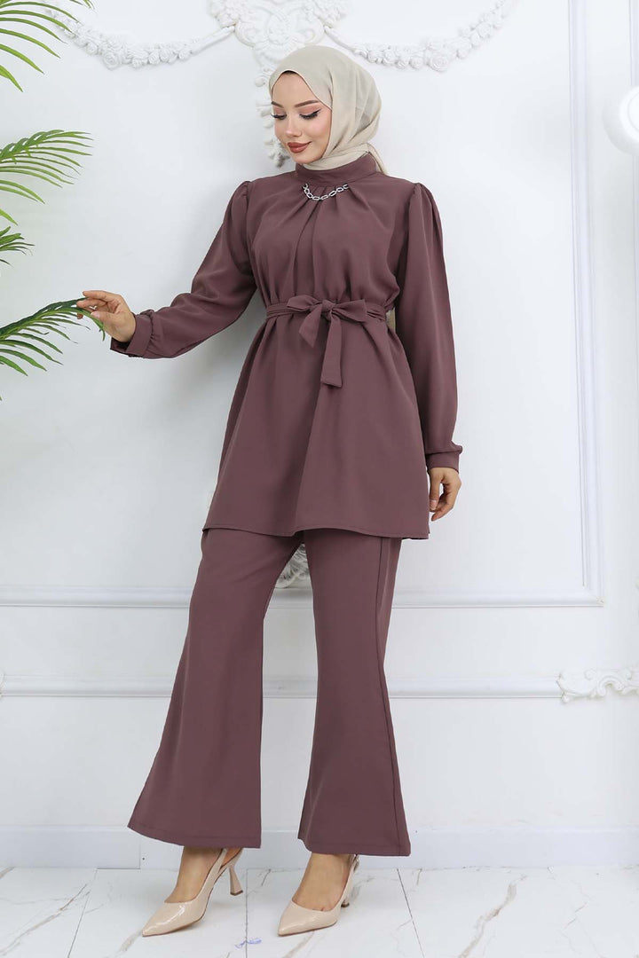 BNG Women Zincir Detaylı Tesettür Takım Gül Kurusu 4767 - Durango