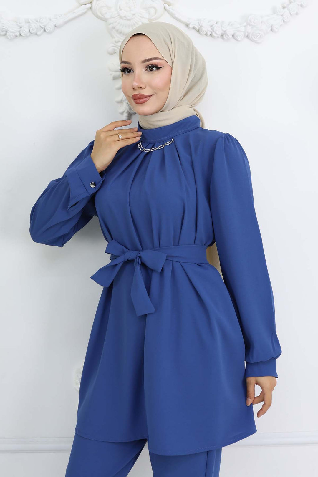 BNG Women Detailed Chain Hijab Suit Indigo 4767 - Paterno