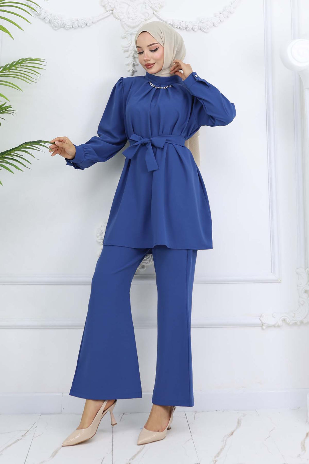 BNG Women Detailed Chain Hijab Suit Indigo 4767 - Paterno