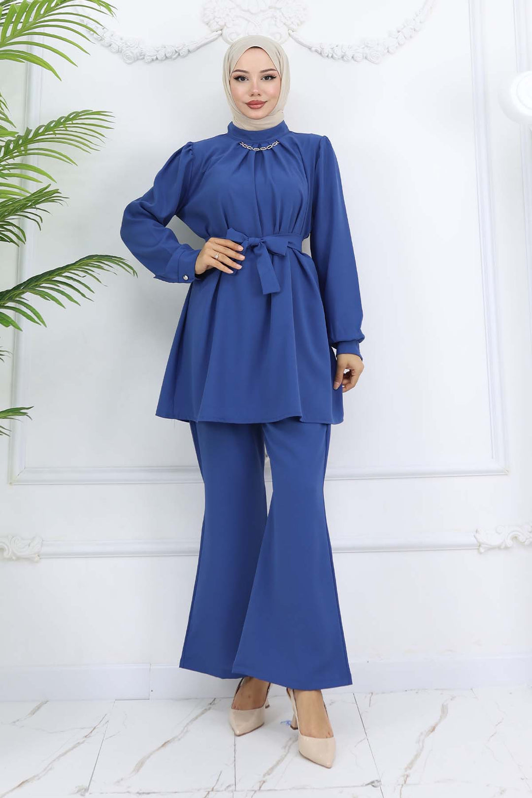 BNG Women Detailed Chain Hijab Suit Indigo 4767 - Paterno