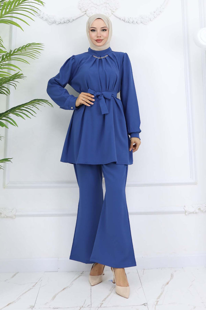 BNG Women Detailed Chain Hijab Suit Indigo 4767 - Paterno