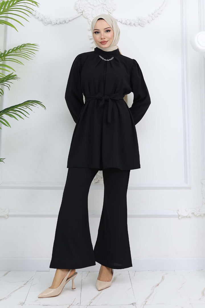 BNG Women Zincir Detaylı Tesettür Takım Siyah 4767 - Antequera