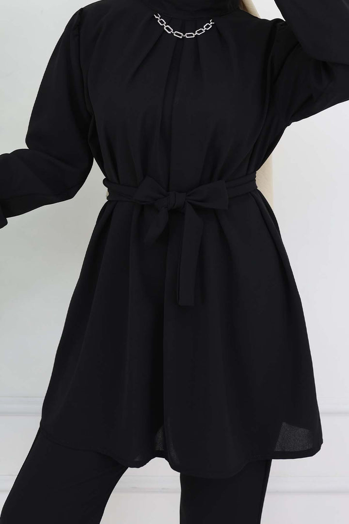 BNG Women Zincir Detaylı Tesettür Takım Siyah 4767 - Antequera