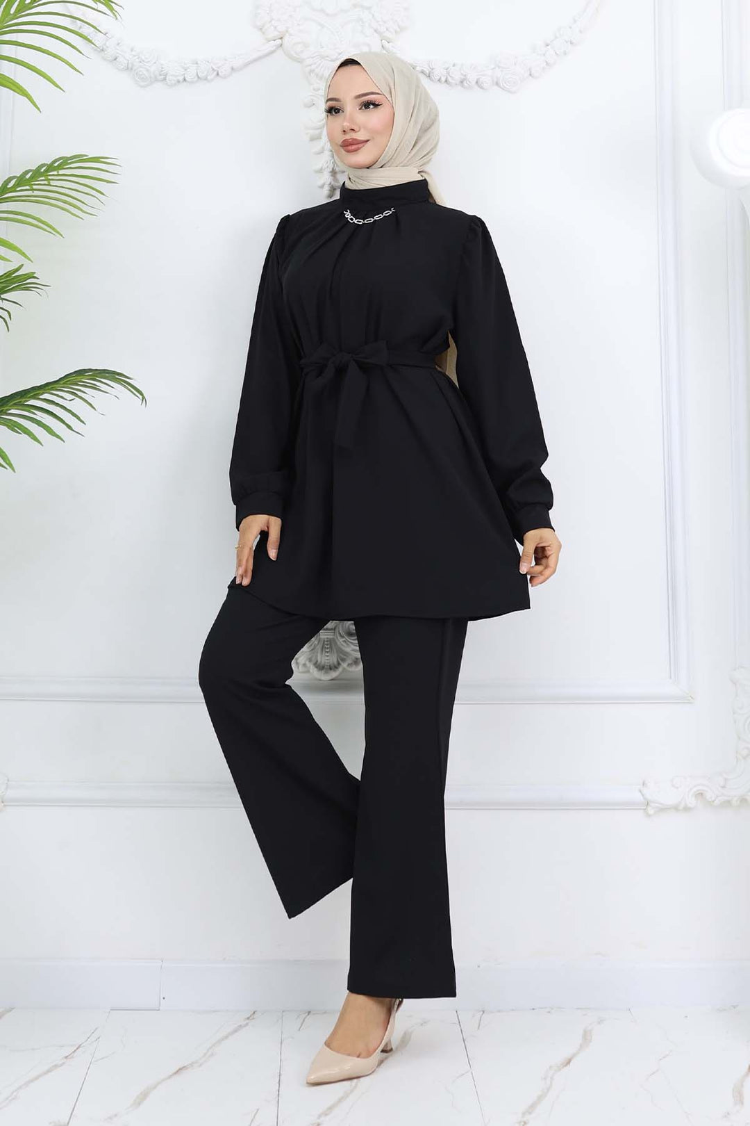 BNG Women Zincir Detaylı Tesettür Takım Siyah 4767 - Antequera