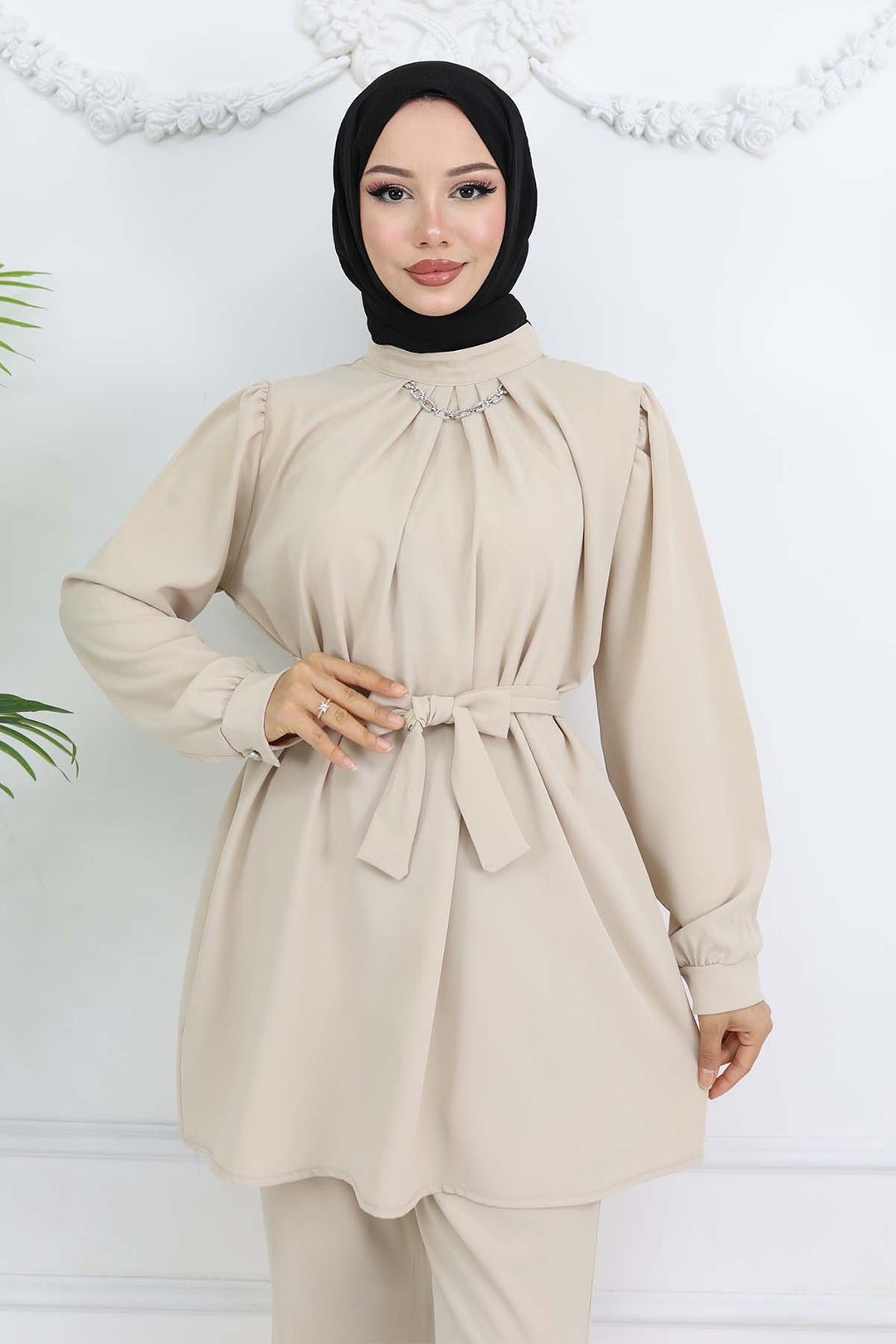 BNG Women Zincir Detaylı Tesettür Takım Taş Rengi 4767 - Huebampo