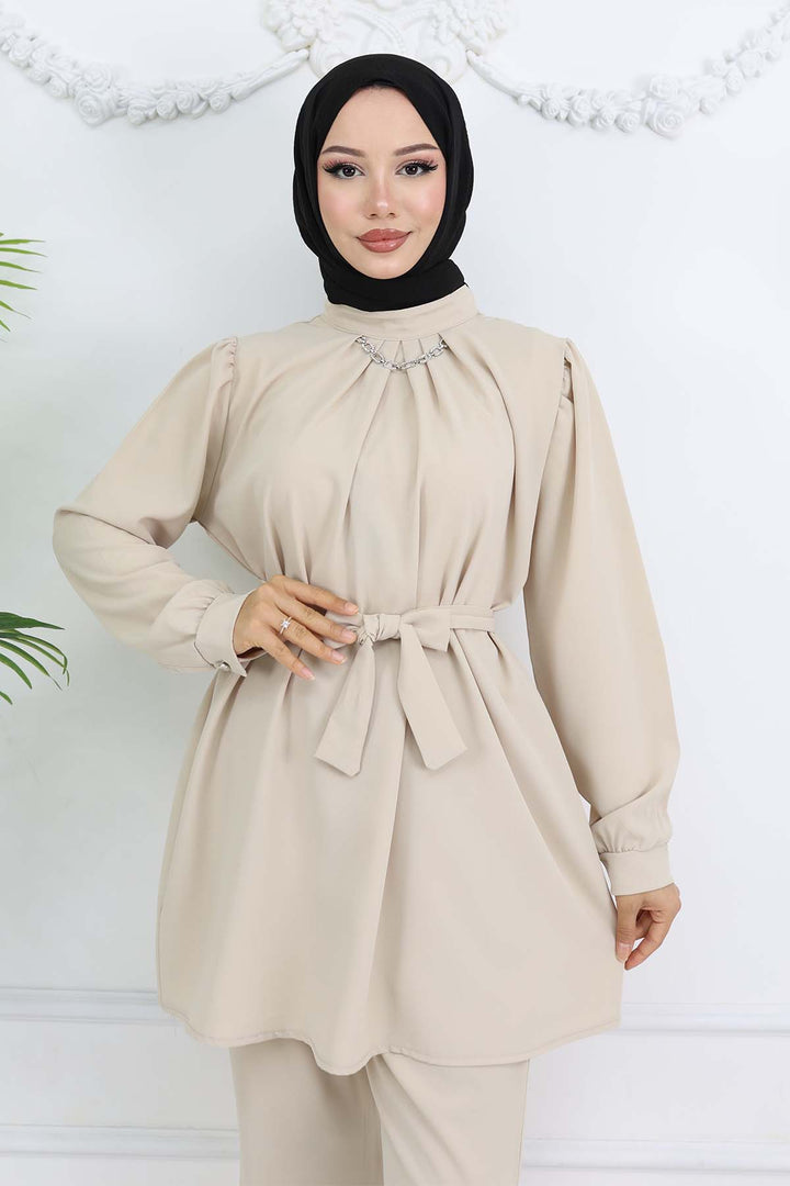 BNG Women Zincir Detaylı Tesettür Takım Taş Rengi 4767 - Huebampo