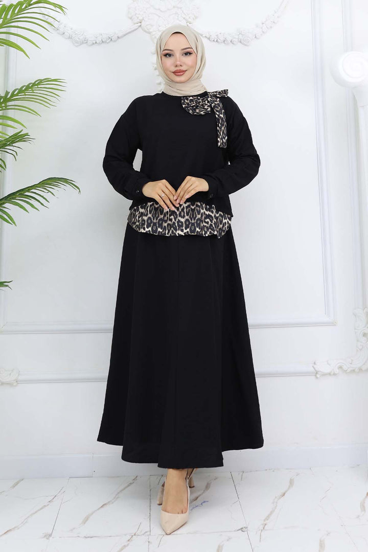 BNG Women Kurdele Detaylı Leopar Desenli Takım Siyah 4804 - Guimarães