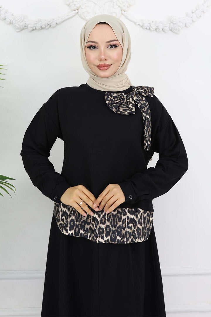 BNG Women Kurdele Detaylı Leopar Desenli Takım Siyah 4804 - Guimarães