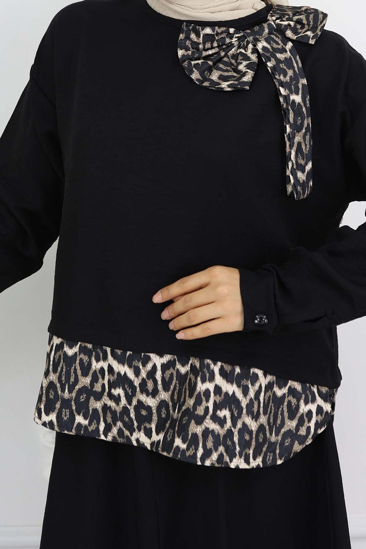 BNG Women Kurdele Detaylı Leopar Desenli Takım Siyah 4804 - Guimarães