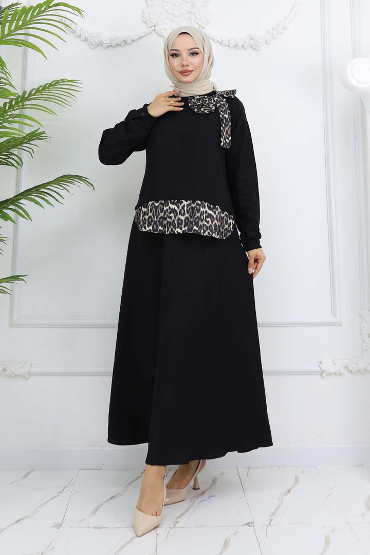 BNG Women Kurdele Detaylı Leopar Desenli Takım Siyah 4804 - Guimarães