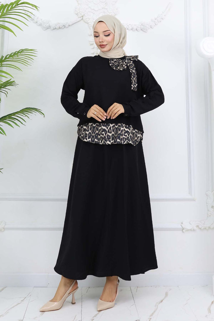 BNG Women Kurdele Detaylı Leopar Desenli Takım Siyah 4804 - Guimarães