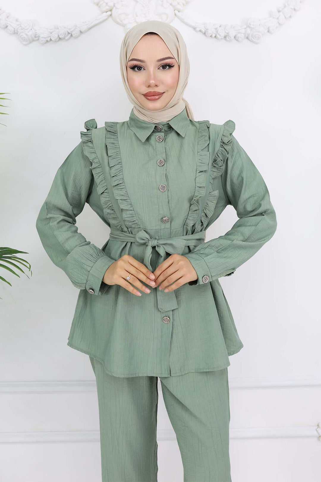 BNG Women Fırfır Detaylı Kuşaklı İkili Takım Çağla 4781 - Minsk