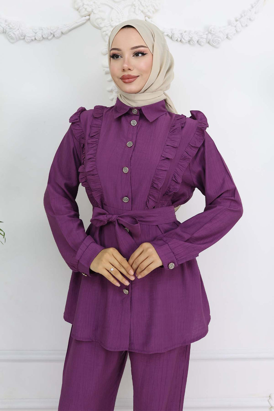 BNG Women Fırfır Detaylı Kuşaklı İkili Takım Mor 4781 - Tortosa