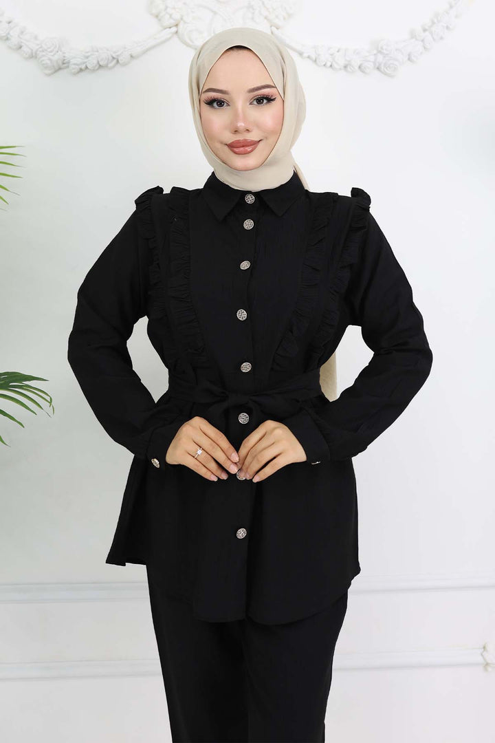 BNG Women Fırfır Detaylı Kuşaklı İkili Takım Siyah 4781 - Jackson