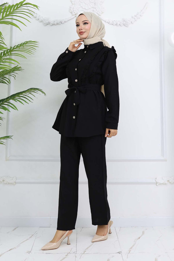 BNG Women Fırfır Detaylı Kuşaklı İkili Takım Siyah 4781 - Jackson