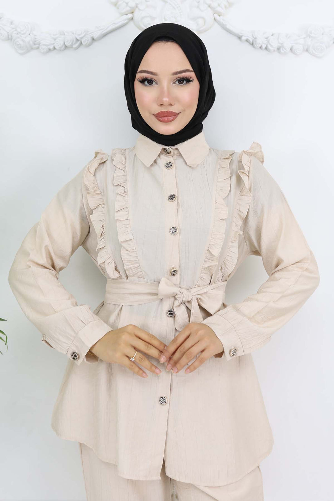 BNG Women Ruffle Detailed Belted Two-Piece Set Stone Color 4781 - Monterrey