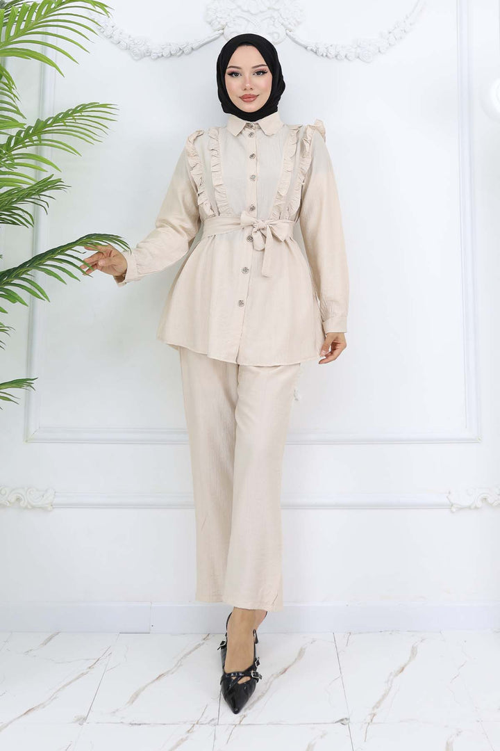 BNG Women Ruffle Detailed Belted Two-Piece Set Stone Color 4781 - Monterrey