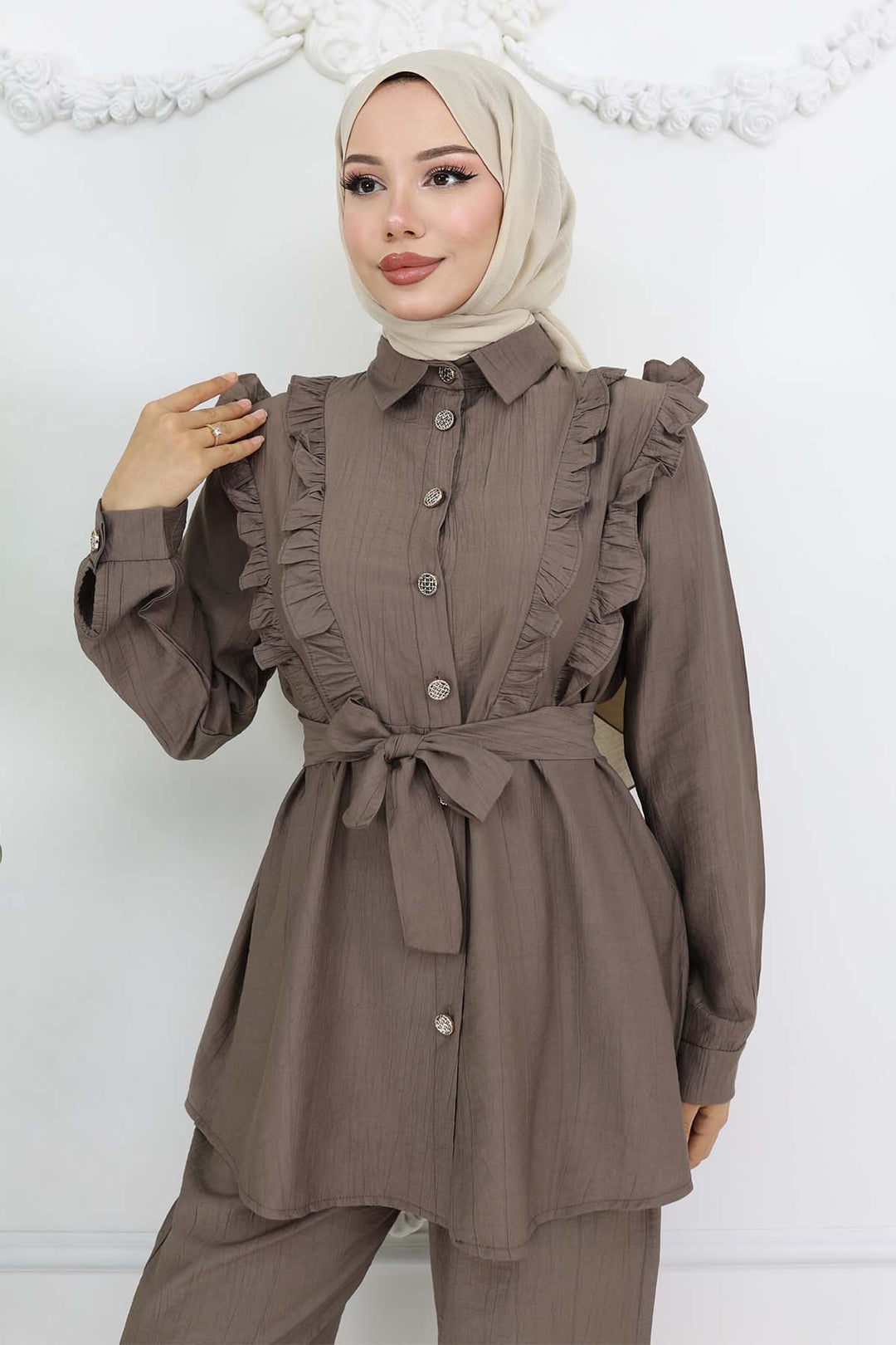 BNG Women Fırfır Detaylı Kuşaklı İkili Takım Vizon 4781 - Onteniente