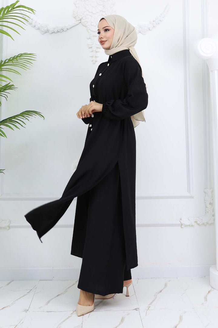 BNG Women Yandan Yırtmaç Detaylı Tunik Pantolon Takım Siyah 4770 - Bergkamen